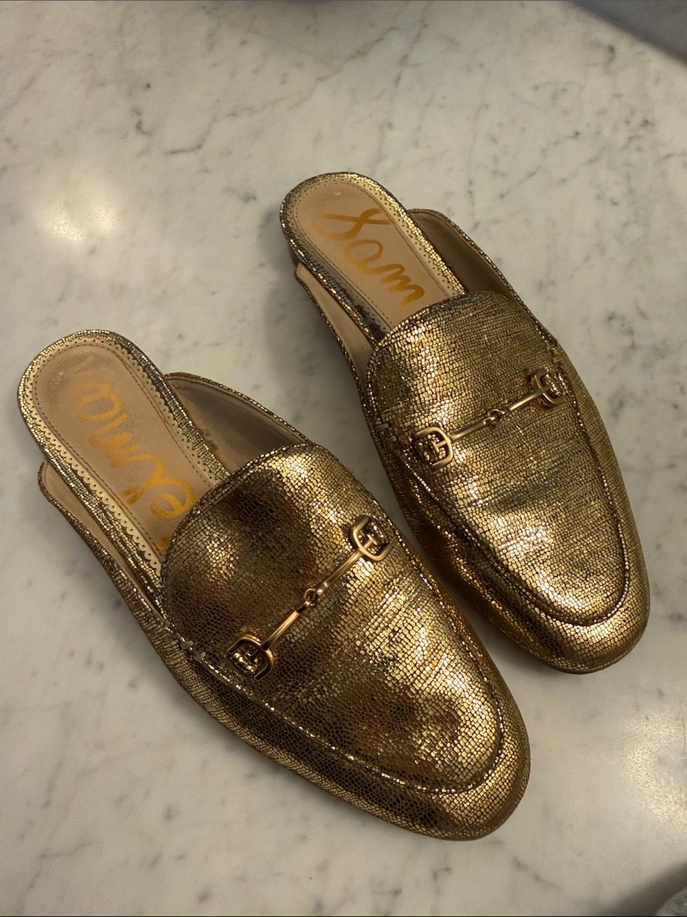 Sam Edelman Metallic Linnie Horse Bit Gold Slip-On Women's Loafer Mule, size 6.5